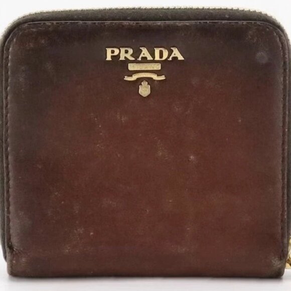 VINTAGE Prada Brown Leather Zip Around Compact Wallet w/Box RARE Vintage Item - Picture 1 of 9